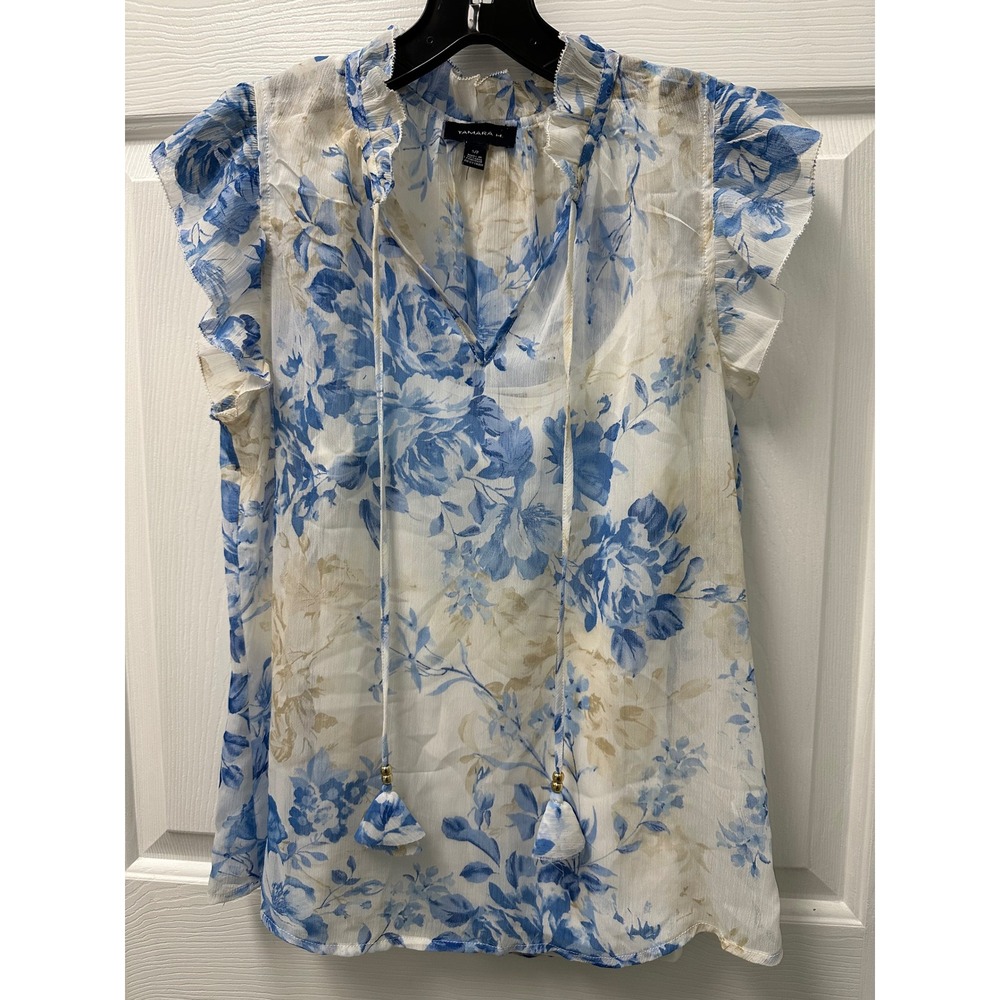 Tamara H Blue Floral Ruffle Neck Tie Front Tassel Blouse Top Small CHU90051P